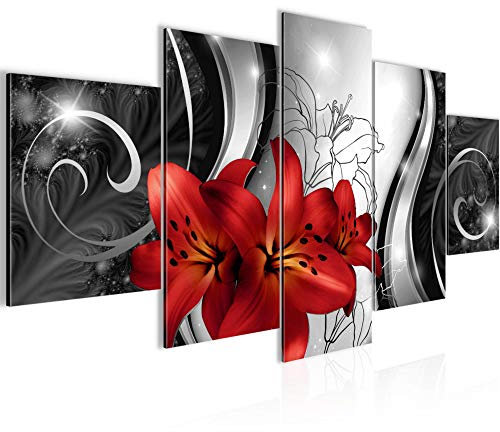 Runa Art - Tableau Lis Fleurs 200 x 100 cm 5 Parties XXL Decoration Murale Dessin Noir Et Blanc 208451c