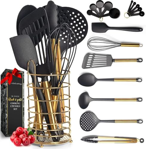 Juego de utensilios de cocina negros y dorados con soporte de acero inoxidable, utensilios de cocina de nailon de 18 piezas con tazas y cucharas medidoras, elegantes accesorios de cocina dorados para