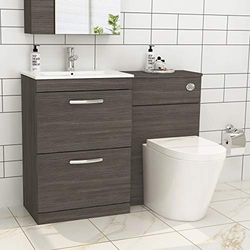 1300mm Modern Grey Elm Bathroom 2 Drawers Minimalist Vanity Unit Basin Sink & Rimless Cesar Pan + Toilet Furniture Set