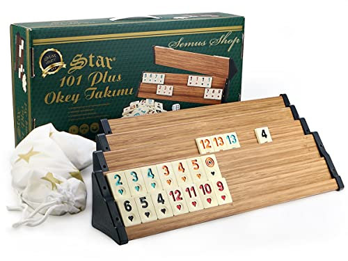 SEMUS - Star Holz Optik Rummy Set Okey mit Melamin Steine Plastik Okey TAKIMI