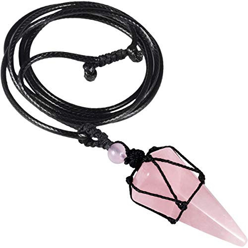 Nupuyai Braided Rose Quartz Crystal Point Pendant Necklace for Women Men, Hexagonal Pendulum Pendant with Adjustable Cord