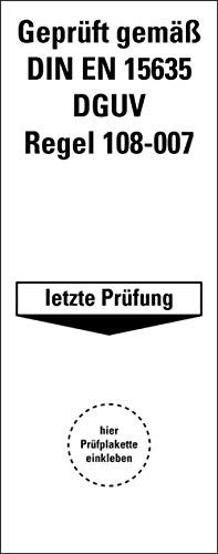 Prüfetikett Plakette Geprüft gemäß DIN EN 15635 DGUV Regel 108-007 | Etikett Folie Aufkleber 100x40mm Made in Germany, Größe: 10 Stück