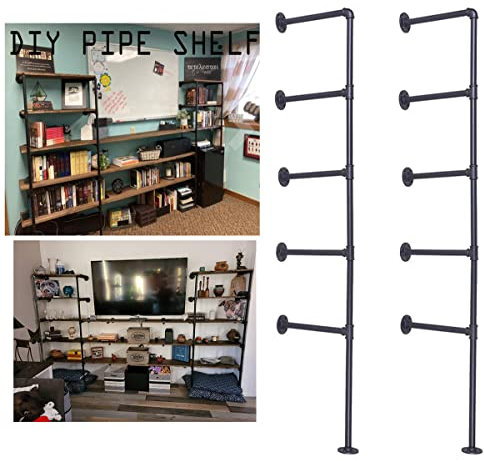 Industrial Wall Mount Iron Pipe Shelf Bracket,Vintage Retro Black DIY Open Bookshelf, Storage Shelves, Ceiling Hung Shelves for Home Kitchen Office(2PcsX5Tier,70 Tall,12deep,Hardware Only)