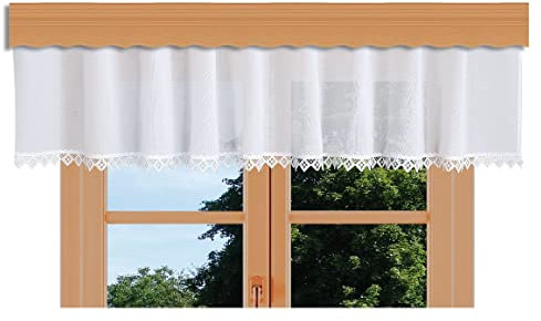 kollektion MT Querbehang Lavina Vogtländische Spitze mit geometrischem Muster in weiß | hochwertiger Dekobehang mit moderner Stickerei-Kante | Zeitloser Volant handgefertigt Höhe x Breite 30 x 500 cm