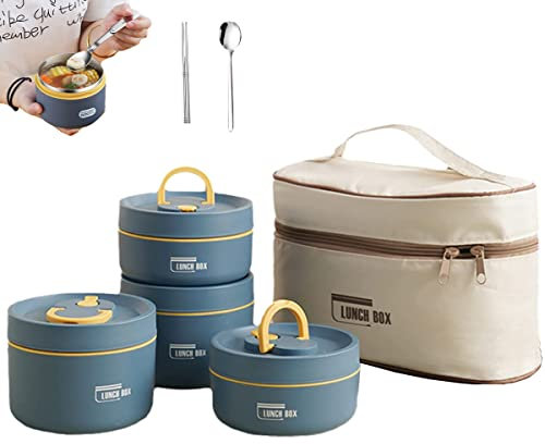 YODAOLI Portable Insulated Lunch Container Set, 2022 New Stackable Stainless Steel Food Container with Thermal Bag, Portable Insulated Lunch Containers for School Work Picnic Travel (Blue,4 Layer)