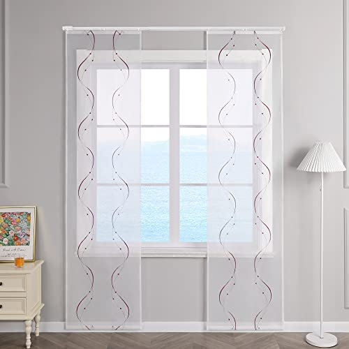 ESLIR Schiebegardinen Voile Flächenvorhänge Set 2er Schiebevorhang Wohnzimmer Gardinen mit Klettband Transparent Vorhang Bestickt Violett BxH 57x225cm 2 Stück