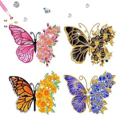 4 Stück Schmetterling Diamond Painting Sticker Set für Kinder,5D Diamant Malerei Aufkleber Kit,Blumen Diamant Painting Bilder Kinder Sticker,Junge Mädchen Anfänger,Diamant Mosaik Llebebilder Geschenk
