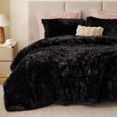 Sacebeleu Winter Bettwäsche 200x220cm Schwarz Plüsch Langhaar Flauschig Flanell Biber Bettbezug Warme Deckenbezug Bettbezug und 2 Kissenbezug 80x80cm mit Reißverschluss