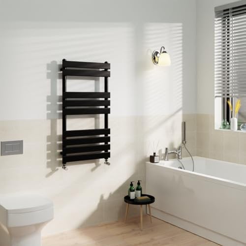 Warmehaus Black Flat Panel Heated Towel Rail Radiator Ladder Rad Central Heating Towel Warmer for Bathroom Kitchen 950x500mm