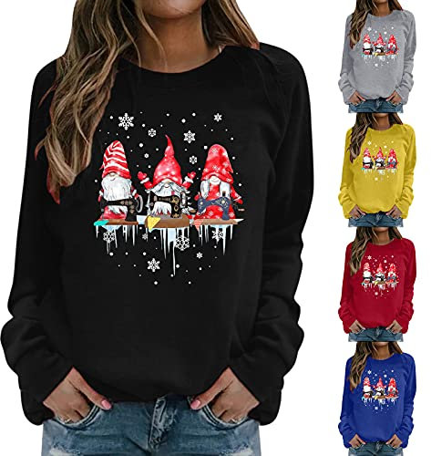 callmo Weihnachtspulli Damen Weihnachtspullover Damen Langarmshirt- Pullover Weihnachten Damen Sweatshirt-Weihnachtsshirt Damen Langarm mit Wichtel Weihnachtsmotiv Tshirt Lustig Weihnachts T-Shirts