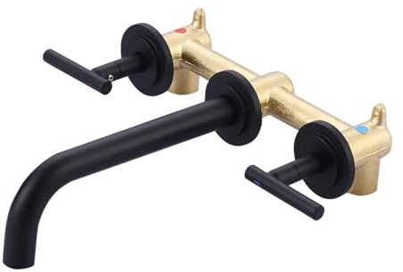 WOWOW Grifo de baño de montaje en pared, negro mate, grifo de pared de alto flujo, dos asas, acero inoxidable, largo alcance de boquilla, grifo de lavabo de baño generalizado con válvula rugosa, 3