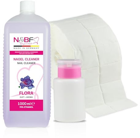 NAILS FACTORY Nettoyant pour ongles avec parfum Flora 1000ml flacon pompe distributeur (rose) 1000 pastilles (2 x 500) alcool à 70% d'éthanol