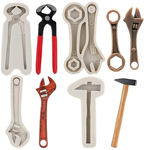 MYPRACS Hand Tools Silicone Mould Pliers Hammer Wrench Chocolate Fondant Moulds for Cupcake Topper Cake Decorating Candy Gum Paste Polymer Clay Set of 4