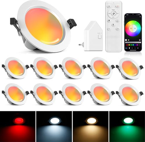 10er 9W RGBWC+CCT LED Spots 230V, WiFi Bluetooth LED Einbaustrahler Dimmbar LED Einbauspots Flach LED Downlight Einbauleuchten, RGB+2700K-6500K, APP Steuerung, Kompatibel mit Alexa Google Home
