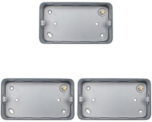3 Pack 2 Gang 40mm Surface Mount Metal CLAD Back Box Switch Socket Rounded Earth - Heavy Duty Strong Wall Plate Holder