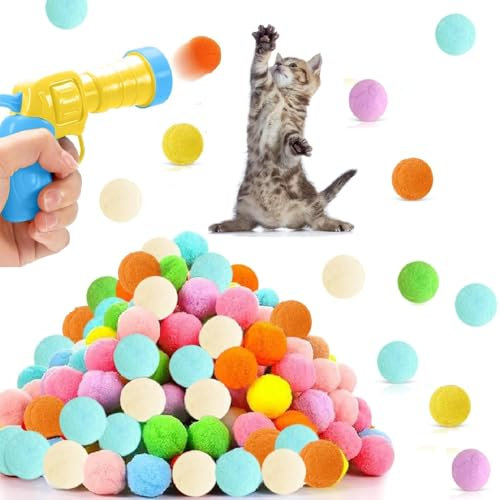 Kiuiom Katzenspielzeug Ball Pistole, Katzenspielzeug Pompons, Katzenspielzeug Ballwerfer, 100PCS Pompons 1PC Ballwerfer Interaktives Launch-Training Bunte Katzenplüsch Spielzeug