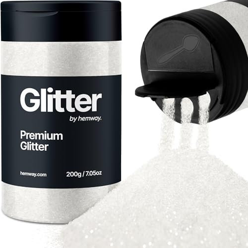 Hemway Premium Glitter Shaker - White | Ultrafine Metallic Flake Sequins for Resin & Epoxy Crafts | Craft Supplies for Tumblers, Festival, Hair, Face, Body, Eye & Nail Art | 200 g