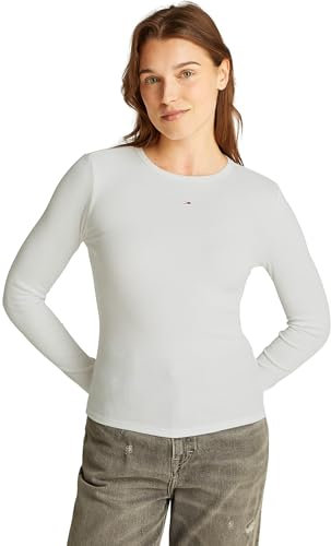 Tommy Jeans Women's Long Sleeve Essential Slim Fit Cotton Top, White (Ecru), L