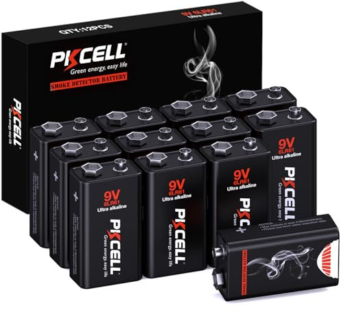 PKCELL Batterie 9V 6LR61 quadrate per rilevatori di fumo,sensori allarme,Confezione da 12