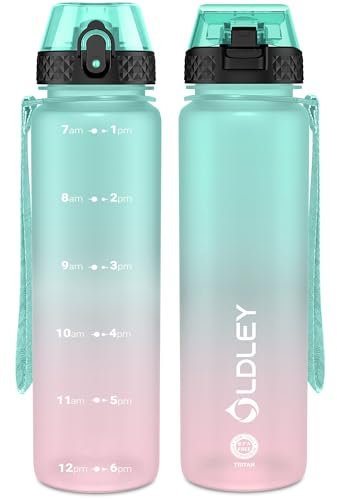 OLDLEY 1L/32oz Sports Water Bottle with Straw, 1000ml Motivational Bpa free Drinks Bottle with Time Markings Leak Proof Drink & Lock Cover, Reusable Bottle for Sport Cycling Gym Hiking
