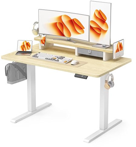 WALKINGDESK Höhenverstellbarer Schreibtisch Elektrisch mit Schubladen, 100 x 60 cm Stehpult mit Monitorständer und Handyhalter, Tisch Höhenverstellbar für Home Office Büro, 3 Haken, Eiche