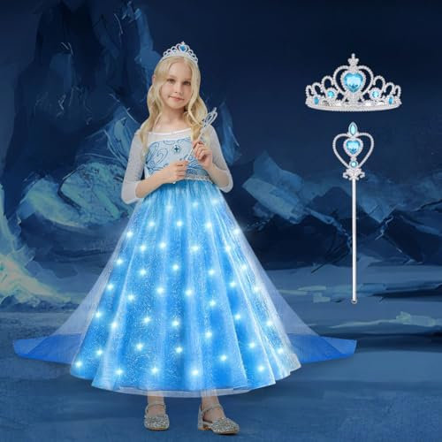 ACWOO LED Leuchtend Prinzessin Elsa Kleid, Elsa Kostüm Mädchen, Elsa Kleid Kinder Set mit Krone Zauberstab, Elsa Kostüm Accessoires für Weihnachten Verkleidung Karneval Halloween