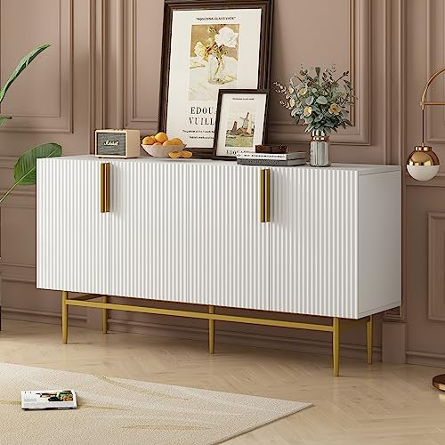 Azkoeesy Elegantes Sideboard 153x40x80 cm in Weiß und goldenen Metallbeinen & Griff, 4 Türen im Streifendesign, Modernes Buffet Küchenschrank für Esszimmer, Wohnzimmer, Flur