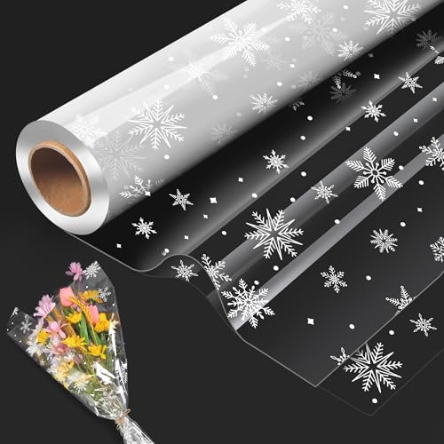Cellophane Wrap Clear Wrapping Paper Roll with Snowflake Pattern,80CM x 30M Folded Florist Extra Wide Gift Wrappings for Christmas Birthday Gifts Hampers Easter Basket Valentines Day Flowers Crafts