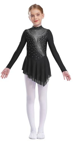 Xnihocha Kinder Mädchen Ballettkleid Langarm Strass Eiskunstlauf-Kleid Rollkunstlauf Tanz Leotard Ballettkleidung Schwarz 158-164