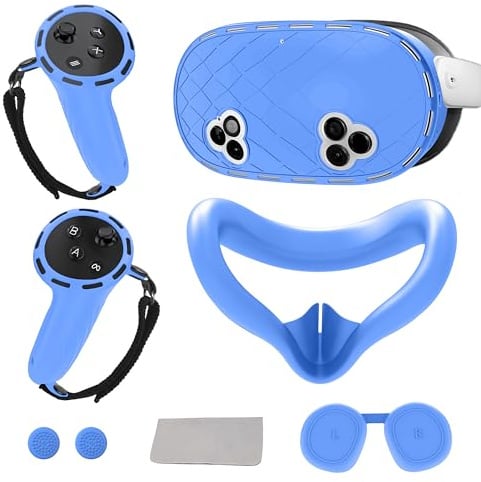 Juylay VR-Schutzhülle, 6-in-1-Silikon, Zubehör für Meta-Quest 3S, mit Gesichtsschnittstelle, Schalenabdeckung, Controller-Griffabdeckung, Joystick-Kappen, Blau
