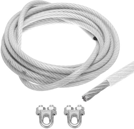 QUARKZMAN 12mm (1/2) Cavo Acciaio Rivestito Trasparente, 6m/20ft Cavo Acciaio Zincato con 2Pz Manicotti a Anello M12 Morsetti Stendibiancheria per Appendere Luci Corda, Ringhiere Ponti