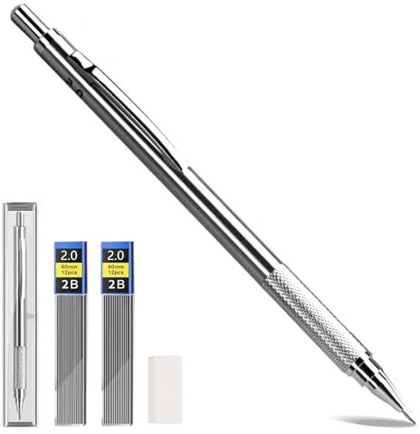 Porte-mines en métal de 2 mm avec 8 mines 2B et 4 gommes, parfaits pour écrire, dessiner et esquisser