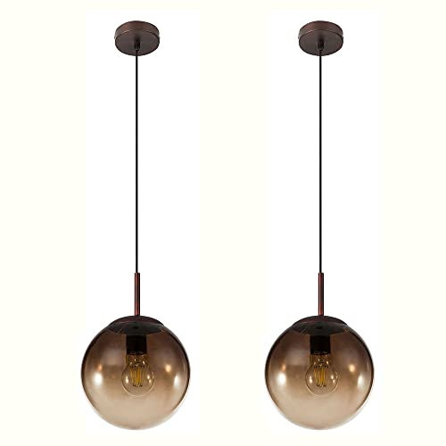 Hängeleuchte Glaskugel Retro Kugelleuchte rauchfarben Esszimmerleuchte rund Vintage, Metall nickel-matt, 1x E27 Fassung, DxH 20x120 cm, 2er Set