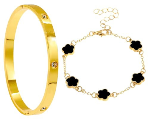 GWAWG Kleeblatt Armband Damen Gold, 18K Vergoldeter Armreif Gold, Schmuckset mit 2 Armbändern, Glücksarmband für Hochzeit, Geburtstag, Alltag, Geschenk für Frauen (Schwarz)