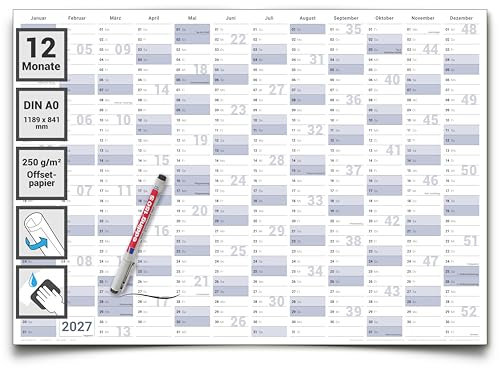 Gigatime Abwischbarer XXL Jahresplaner Wandkalender 2027. Wandplaner gerollt 118,8x84cm gross DIN A0 inklusive 1 Marker. Jahreskalender 2027, Kalender - deutsche Sprache - von Gigatime