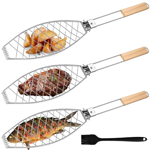 3 soportes para barbacoa de pescado con mango de madera, 63 x 12 cm, asador de pescado grande con mango de metal, pinzas para barbacoa y barbacoa