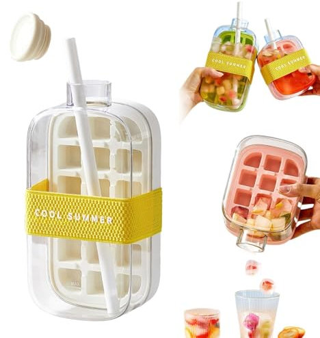 Eiswürfelflasche mit Stroh, 2 in 1 Wasserflasche Eiswürfelform mit Deckel, Push-Typ Eisherstellungsflasche, One-Touch Eisfreisetzung & Keine Berührung, für Kaffee Saft Getränk(Blue,800ml)