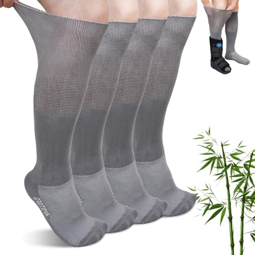 ZAKASA Calzini Diabetici Donna Uomo: Bambù Calzini Alti Al Ginocchio Diabetici Extra Larghi Calze Senza Cucitura Senza Elastico Comodi Suola imbottita per Piedi gonfi EU 39-42 Grigio 2 Paia