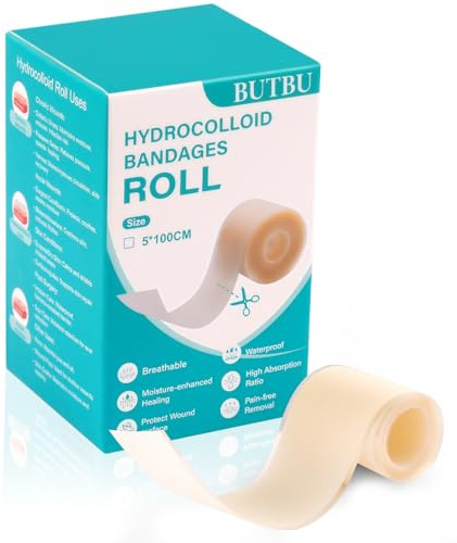 BUTBU Hydrokolloid Pflaster Rolle 5x100cm, Selbstklebendes Wasserfestes hydrokolloid Wundpflaster, Atmungsaktive Hautfreundlich, für Exsudatwunden, Blasen, Akne, Oberflächliche Wundversorgung