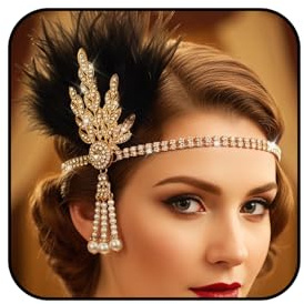 FrostyFlair 1920s Stirnband Damen, Flapper Feather Headband & 20er Jahre Accessoires, Blatt Strass und Perlen Haarreif für Damen Black Gold