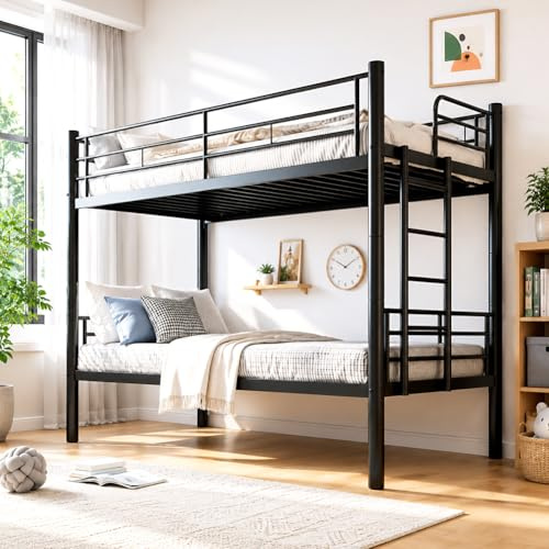 Letto a Castello per Adulti 90 X 200cm, Letto a Castello per Bambini con Scaletta & Ringhiera di Sicurezza, Trasformabile in Due Letti Singoli, Letti a Soppalco Metallo con Rete a Doghe (Nero)