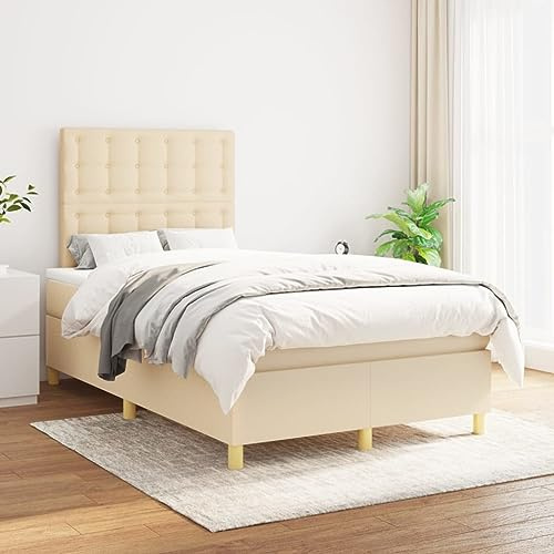 QJBSAVVA Boxspringbett 120x200 cm Creme, höhenverstellbares Kopfteil, Taschenfederkern-Matratze & Topper, Holzgestell