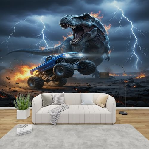 AevuCub Tapete Monster Truck, Fototapete Dinosaurier Schlafzimmer, Tapeten Vliestapete T-Rex Dino Wohnzimmer, Wandtapete Kinderzimmer Kinder Wanddeko, Mustertapete Vlies 300 x 210 cm (B x H)