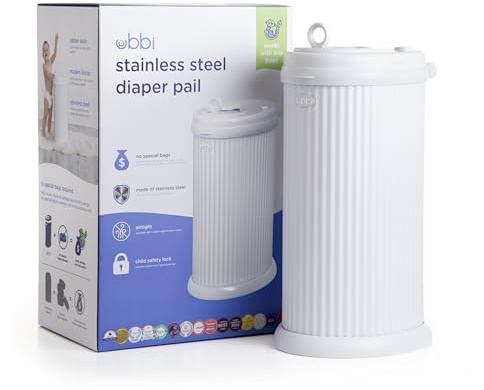Ubbi Stainless Steel Fluted Diaper Bucket, Odor Proof, No Special Bag Needed, Award-winning, Registry Must, White