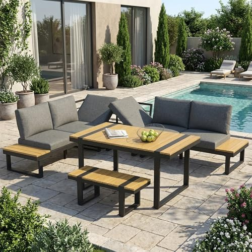 FammyLoft Gartensofa Set für bis zu 6 Personen, Outdoor Sofa mit Verstellbarer Neigefunktion(Eckposition,5-stufig, bis 55°), Gartenlounge Set mit Esstisch, Terrassenmöbel Wetterfest, Grau