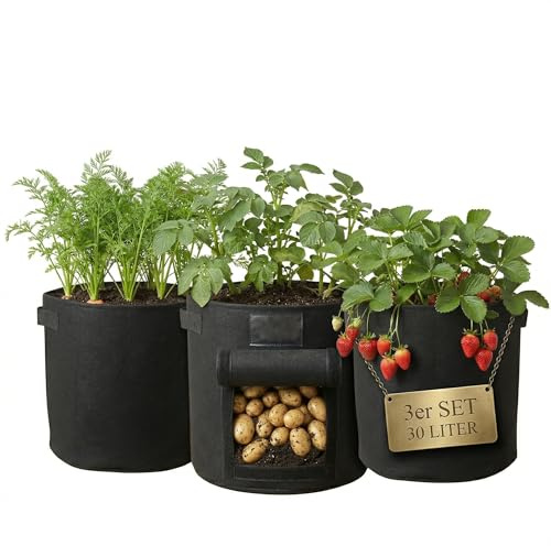 Onbest Pflanzsack Set 3x30L mit Erntefenster und Griffen | Waschbare Pflanzsäcke als Kartoffel-Pflanzsack, Tomatentopf und Pflanztasche für Balkon, Garten und Terrasse