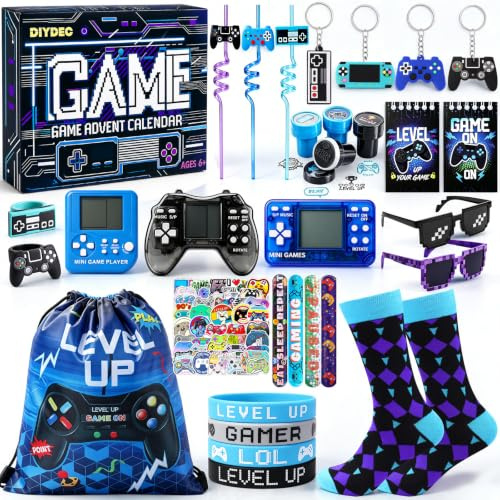 DIYDEC Advent Calendar 2026 Christmas Countdown Video Game Party Favor Toys | 24 Days Xmas Video Game Countdown Calendar for Kids Seals Straws Bracelet Goodie Bags Fillers (A)