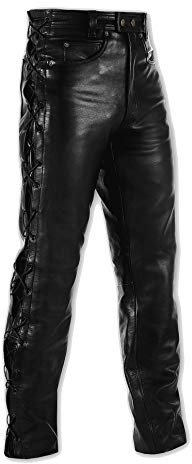 A-Pro, pantaloni da uomo, in pelle, per motocicletta, moto, biker, con lacci, colore nero, taglia 50