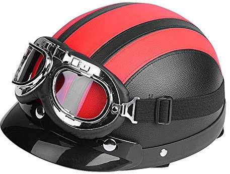 Motorrad-Halb offener Helm, Scooter Schutz Shell Offen Helm Motorradhelm Leder Offener Helm mit Visier Schutzbrillen, 54-60cm (Rot)