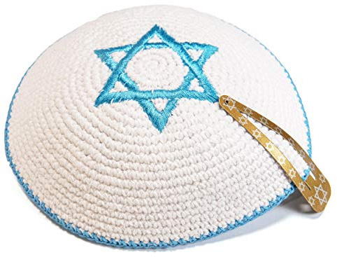 JL Kippha's Knitted 17 cm White Magen David Kippah Jewish Kipa Israel Flag Yarmulke Synagogue